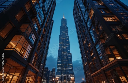 Wallpaper Mural Tall tower rises at night. Modern skyscrapers stand. Building windows glow. City skyline shows urban construction. Residential flats shine at evening. Street lamps illuminate dark streets. Torontodigital.ca