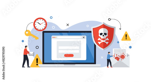 Cybersecurity threat concept with a phishing pop-up on a laptop, a malware-infected email, and a shield with a skull icon.