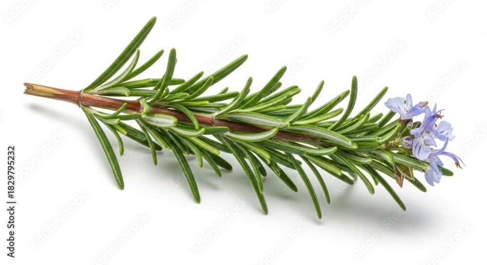 Fototapeta premium Rosemary sprig with delicate purple flowers on a white background.
