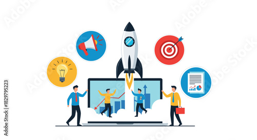 Business startup launch concept with a team celebrating as a rocket takes off from a laptop, surrounded by marketing icons.