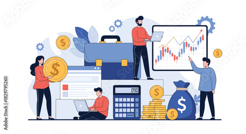 Financial management and investment concept with a team of people analyzing stock market charts and working with money and calculators.