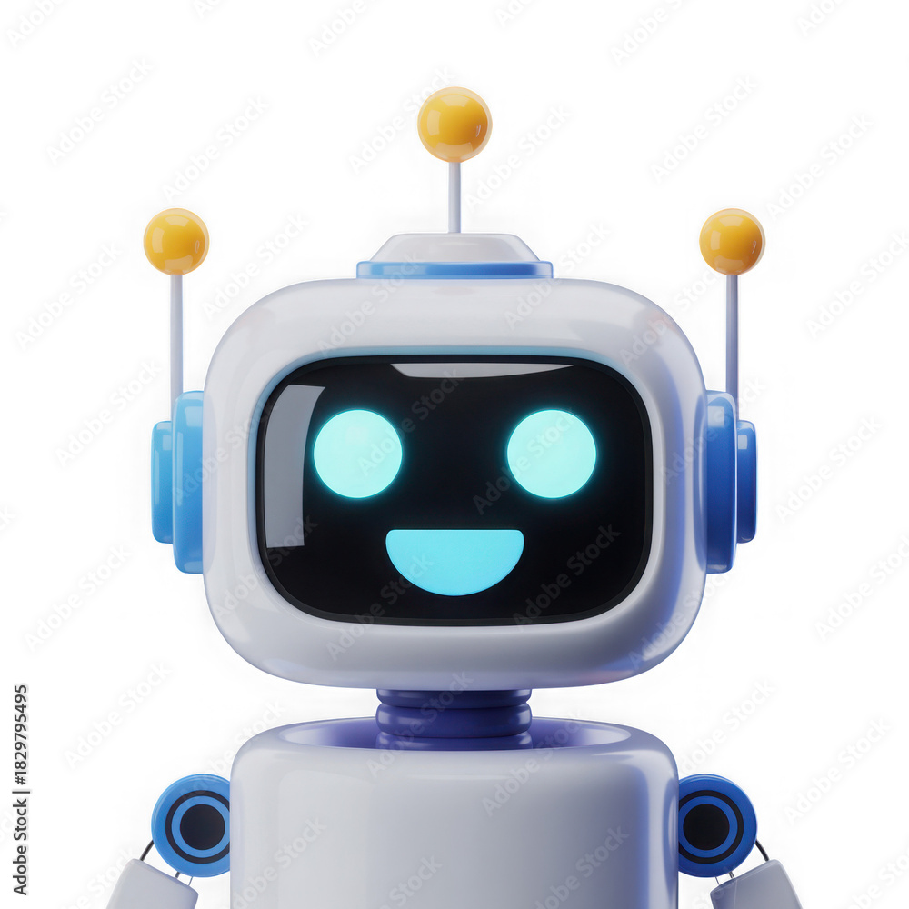 Naklejka premium A cheerful robot character designed for friendly interaction and technology themes. isolated on transparent background