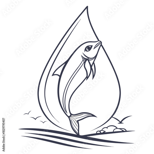 Fish jumping out of water drop, line art style