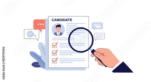 Recruitment and hiring concept with a hand holding a magnifying glass to inspect a job candidate's resume and checklist.