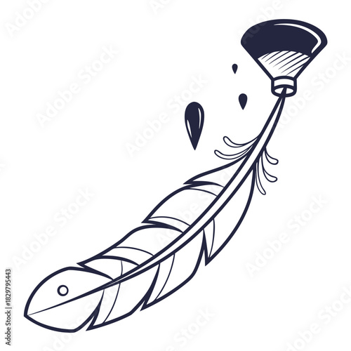 Elegant feather quill pen with inkwell illustration