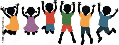 Six happy children in colorful outfits joyfully leap into the air on a bright white surface