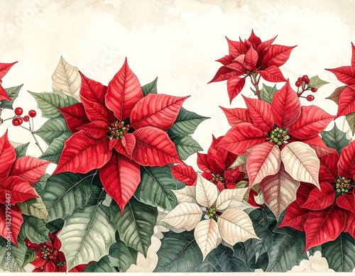 Watercolor illustration of poinsettia border with red and white blooms and holly berries
