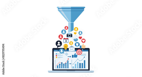 Data filtering and lead generation concept showing social media and content icons being funneled into a laptop to generate analytics.