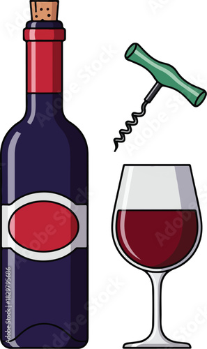 Stylized Wine Bottle Glass Corkscrew Vector Illustration
