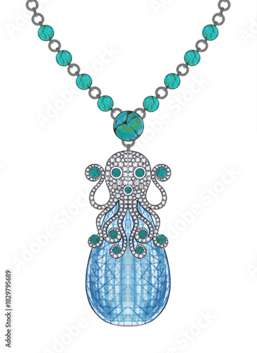Fototapeta Octopus necklace with blue topaz diamond and turquoise jewelry design by hand drawn
