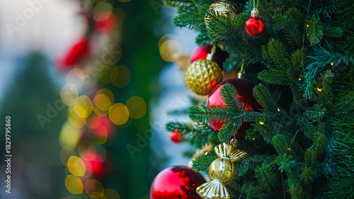 Christmas tree decorations with golden and red ornaments