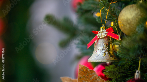 Christmas tree decorations with golden and red ornaments