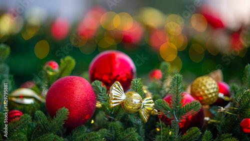 Christmas tree decorations with golden and red ornaments