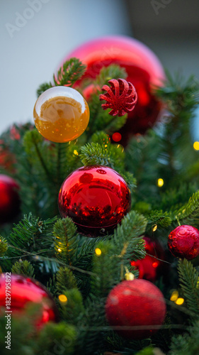 Christmas tree decorations with golden and red ornaments