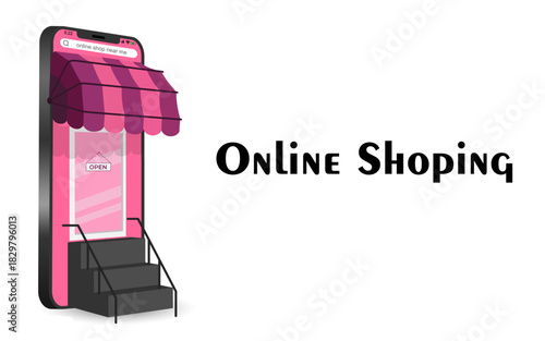 A smartphone transformed into a pink storefront with a striped awning and stairs, illustrating the concept of online shopping.