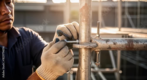 Construction worker assembling metal structure against bright sunlight
