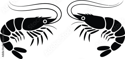 Symmetrical pair of black shrimp silhouettes with long curved antennae and segmented bodies on white