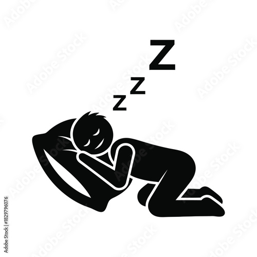 Simple black silhouette of a person sleeping soundly on a pillow with zzz symbols indicating sleep