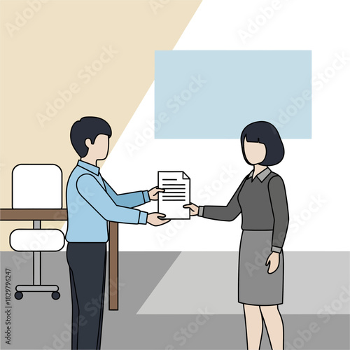 Professional colleagues exchanging documents in an office setting.