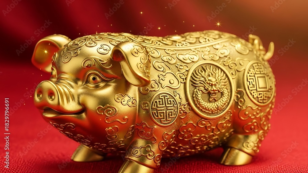 Fototapeta premium Golden Pig Statue with Dragon and Cloud Pattern