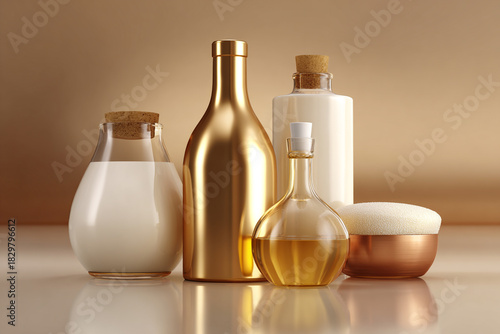 Wallpaper Mural luxurious spa products including golden bottles and creams for self care and wellness Torontodigital.ca