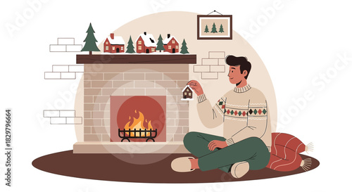 Cozy evening by the fireplace with festive decorations and holiday anticipation at home