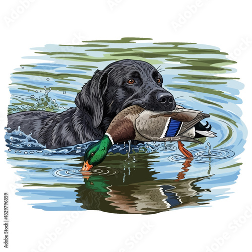 Black Labrador swimming in water with a mallard duck in its mouth making a retrieve