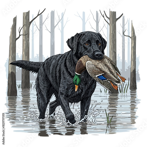 Black Labrador standing in flooded forest water with a retrieved mallard duck in its mouth