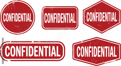 This shows five red grunge CONFIDENTIAL stamps in multiple shapes including round, rectangle, and hexagon