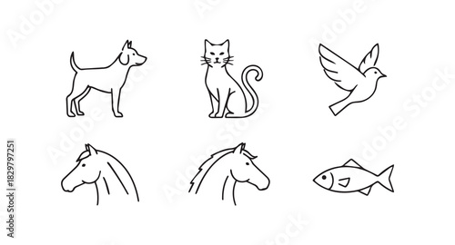 Set of Cartoon Style Black and White Simple Animal Line Art Dog Cat Bird Horse Fish