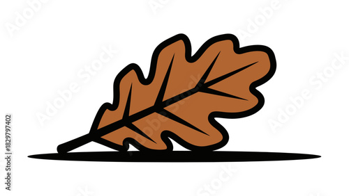 Illustration of a brown oak leaf with black veins and a stem, casting a shadow.