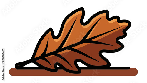 A stylized vector illustration of a single brown oak leaf lying on the ground, symbolizing the autumn season.