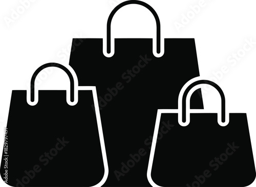 Three black paper shopping bags with sturdy handles stand together on a clean white background