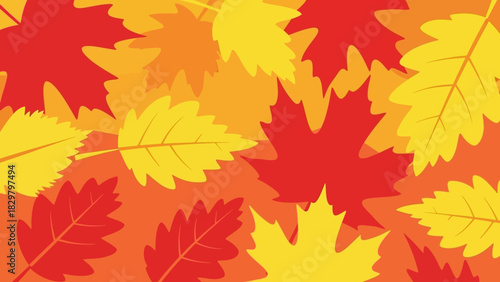A vibrant graphic illustration of overlapping autumn leaves in warm fall colors of red, orange, and yellow.
