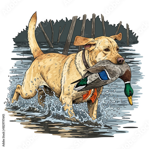 Yellow Lab running through water with a retrieved mallard duck in its mouth making a splash
