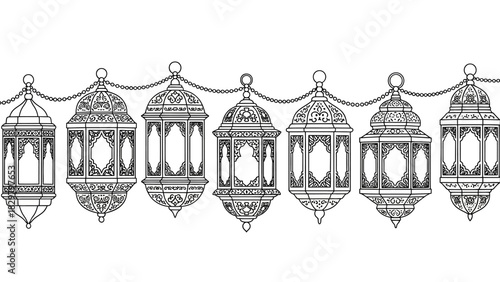 Detailed line art illustration of a string of ornate, vintage lanterns, suitable for coloring or design elements.