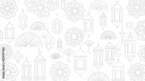 Subtle light gray pattern of Islamic lanterns, mandalas, and fans on a clean white background.