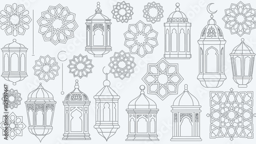 Collection of Islamic geometric patterns and traditional lanterns, Ramadan decorations, vector illustration.