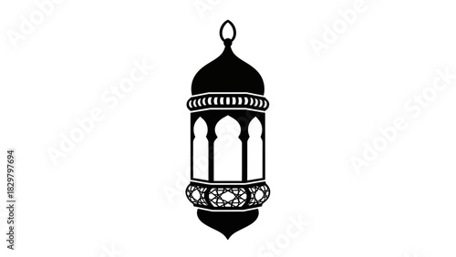 Black and white illustration of a traditional lantern, commonly used during Ramadan celebrations.