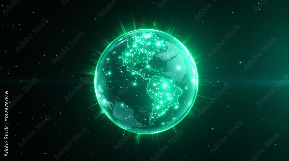 Fototapeta premium Global Connectivity: A glowing representation of the globe, with cities and networks illuminated, symbolizing worldwide communication and interconnectedness.