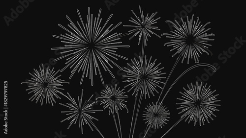 Minimalist white line art illustration of exploding fireworks against a solid black background.