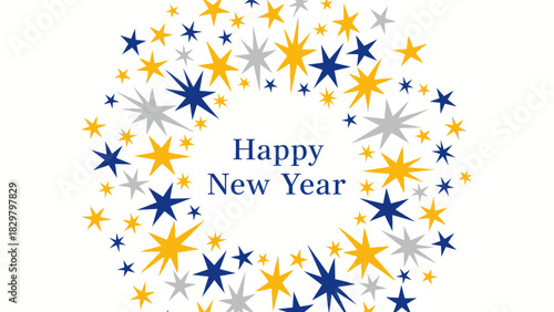 A circular arrangement of blue, gold, and silver stars with the text "Happy New Year" in the center.