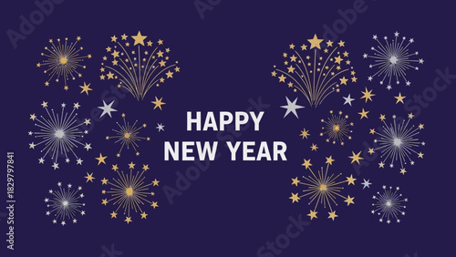 Festive New Year's greeting card with fireworks, stars, and celebratory text on a dark blue background.