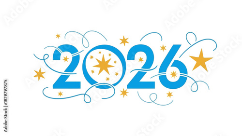 Decorative blue 2026 text with golden stars and elegant swirls on a white background, symbolizing new year or future celebration.