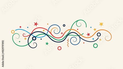 A whimsical and colorful abstract swirl design with stars and dots on a cream background, evoking a sense of celebration and festivity.