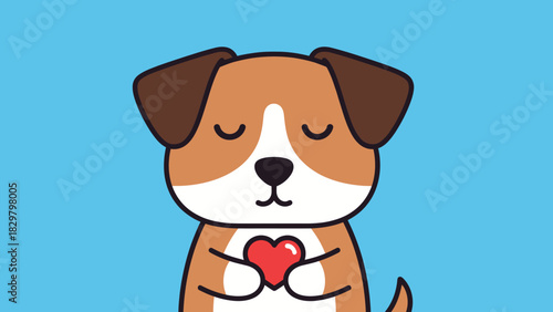 A cute cartoon dog with closed eyes holding a red heart, expressing love and affection.