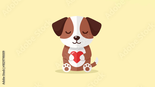 Cute cartoon dog holding a red heart, sitting on a yellow background.