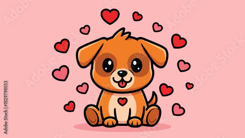 An adorable cartoon puppy sits happily, surrounded by floating love hearts on a pink background.