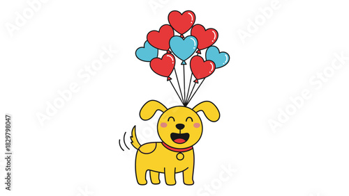 A happy yellow cartoon dog with a red collar floating with a bunch of red and blue heart-shaped balloons on a white background.