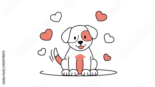 A cute cartoon puppy with a wagging tail sits happily surrounded by red and white love hearts.